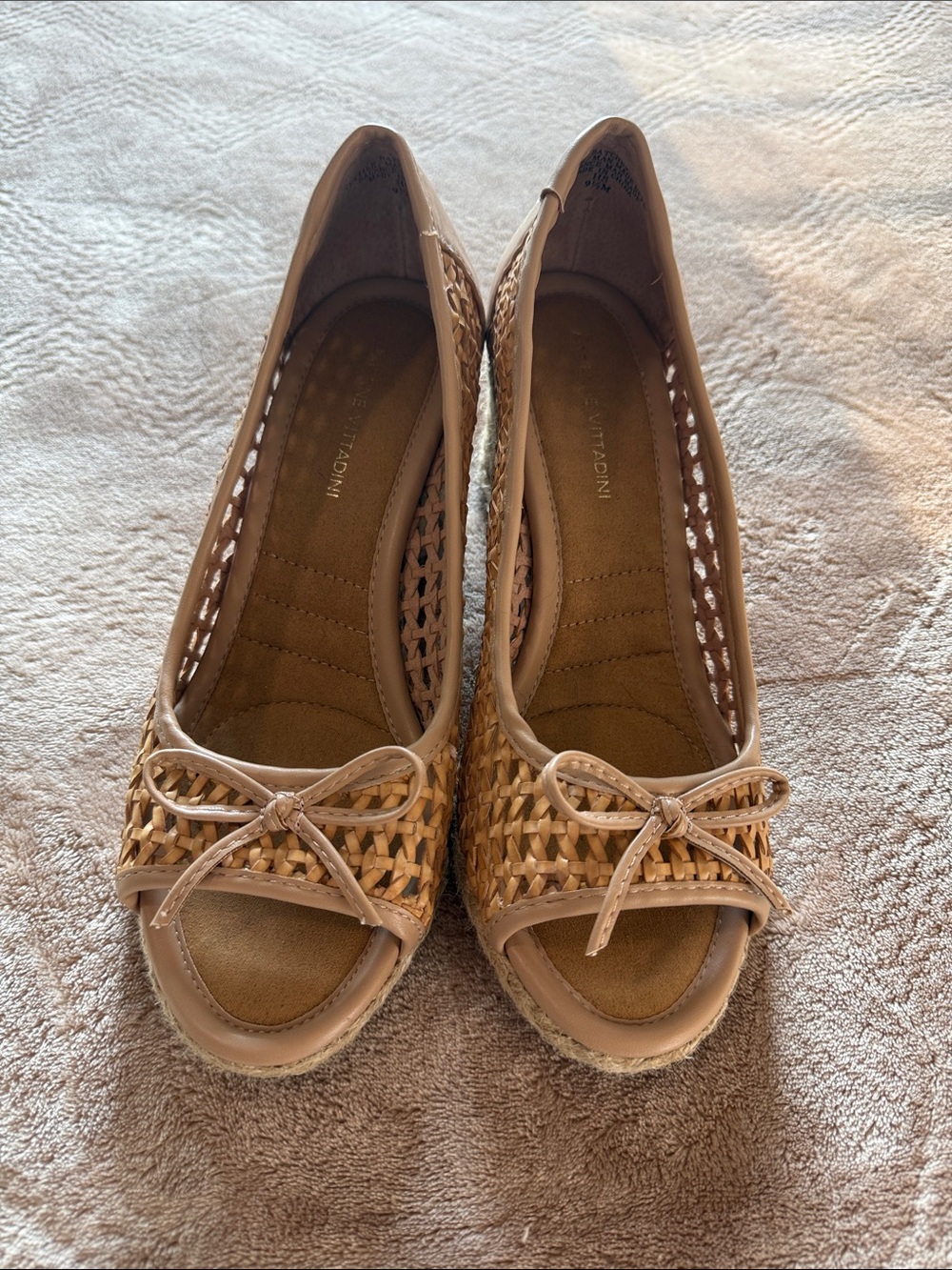 Adrienne Vittadini Woven Tan Peep-Toe with Bow